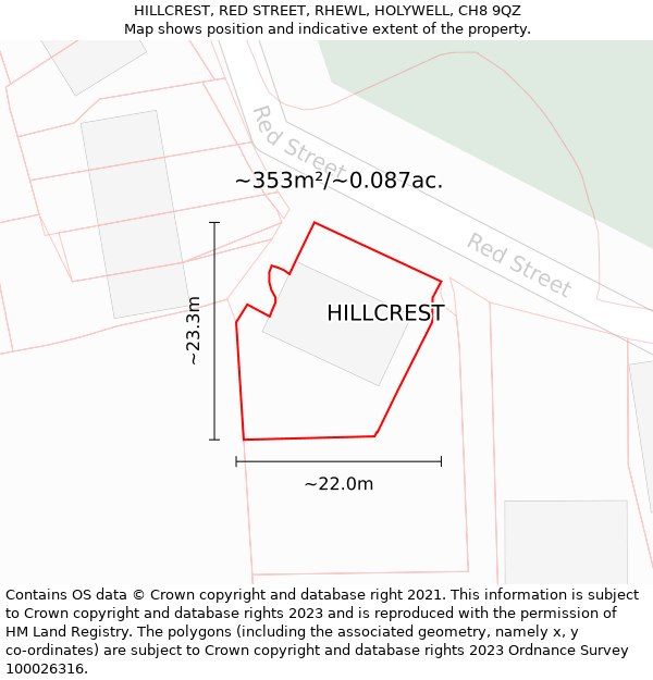HILLCREST, RED STREET, RHEWL, HOLYWELL, CH8 9QZ: Plot and title map
