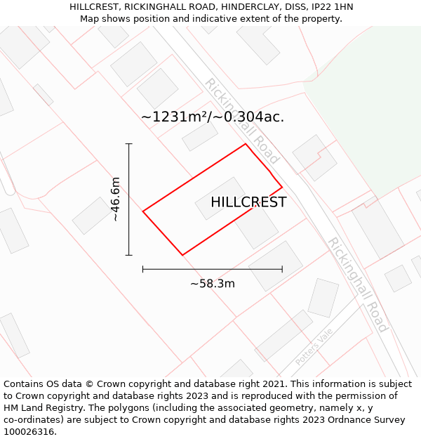 HILLCREST, RICKINGHALL ROAD, HINDERCLAY, DISS, IP22 1HN: Plot and title map