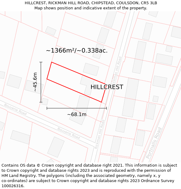 HILLCREST, RICKMAN HILL ROAD, CHIPSTEAD, COULSDON, CR5 3LB: Plot and title map