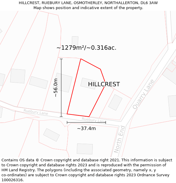 HILLCREST, RUEBURY LANE, OSMOTHERLEY, NORTHALLERTON, DL6 3AW: Plot and title map