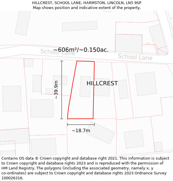 HILLCREST, SCHOOL LANE, HARMSTON, LINCOLN, LN5 9SP: Plot and title map