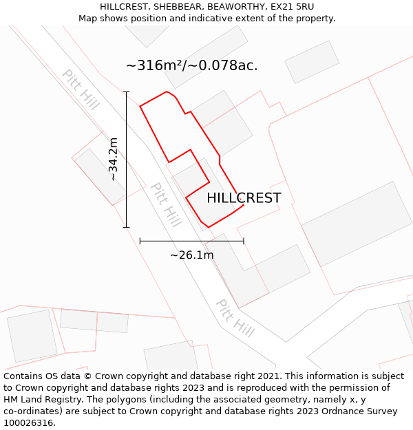 HILLCREST, SHEBBEAR, BEAWORTHY, EX21 5RU: Plot and title map