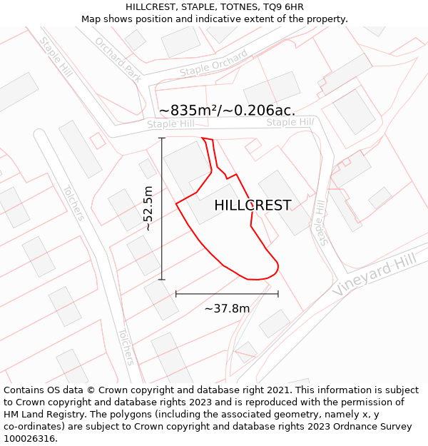 HILLCREST, STAPLE, TOTNES, TQ9 6HR: Plot and title map