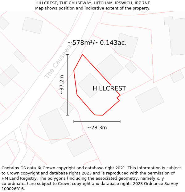 HILLCREST, THE CAUSEWAY, HITCHAM, IPSWICH, IP7 7NF: Plot and title map