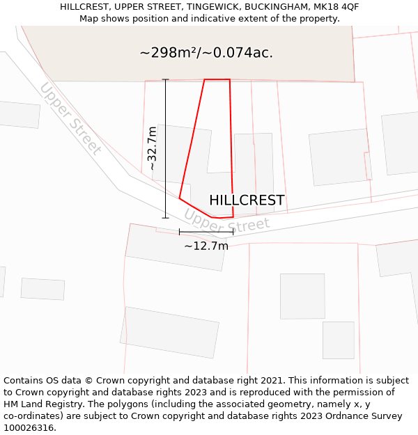 HILLCREST, UPPER STREET, TINGEWICK, BUCKINGHAM, MK18 4QF: Plot and title map