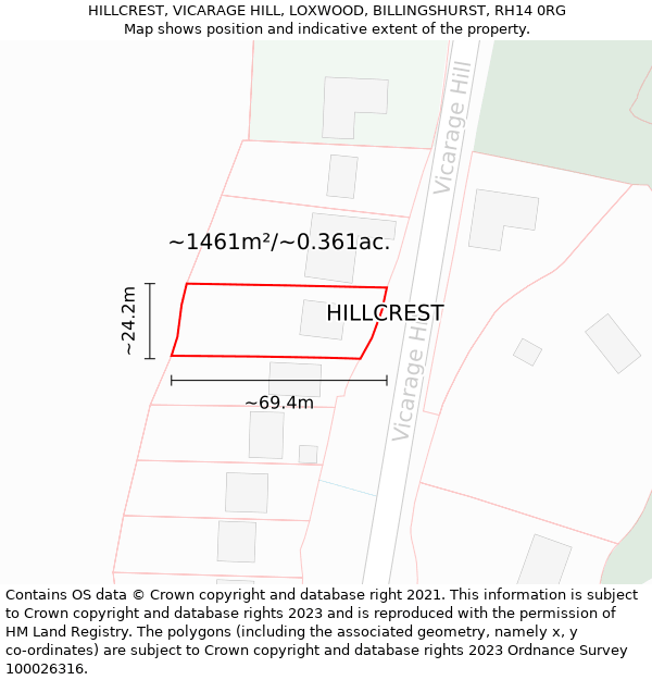 HILLCREST, VICARAGE HILL, LOXWOOD, BILLINGSHURST, RH14 0RG: Plot and title map