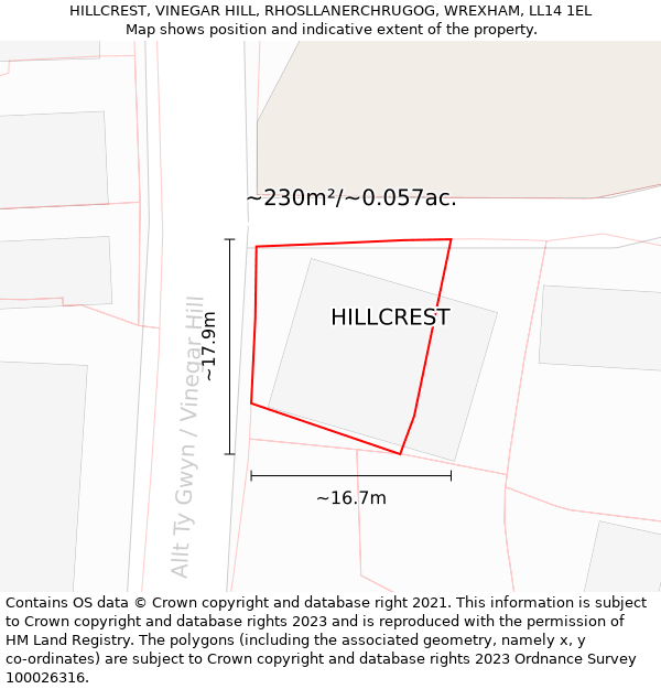 HILLCREST, VINEGAR HILL, RHOSLLANERCHRUGOG, WREXHAM, LL14 1EL: Plot and title map