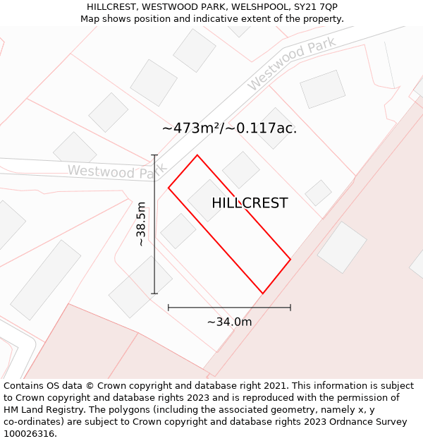 HILLCREST, WESTWOOD PARK, WELSHPOOL, SY21 7QP: Plot and title map