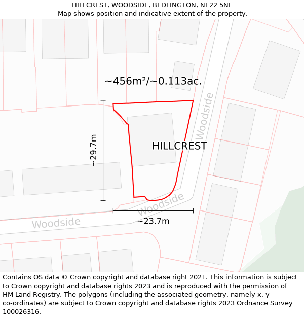 HILLCREST, WOODSIDE, BEDLINGTON, NE22 5NE: Plot and title map