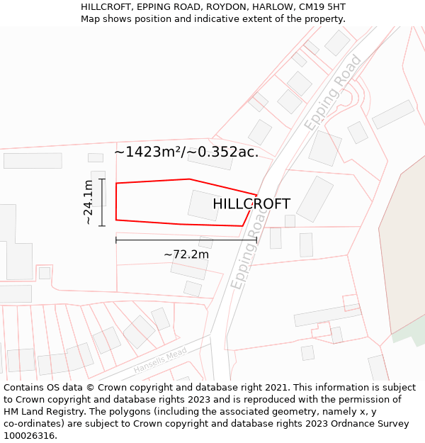 HILLCROFT, EPPING ROAD, ROYDON, HARLOW, CM19 5HT: Plot and title map