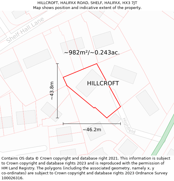 HILLCROFT, HALIFAX ROAD, SHELF, HALIFAX, HX3 7JT: Plot and title map