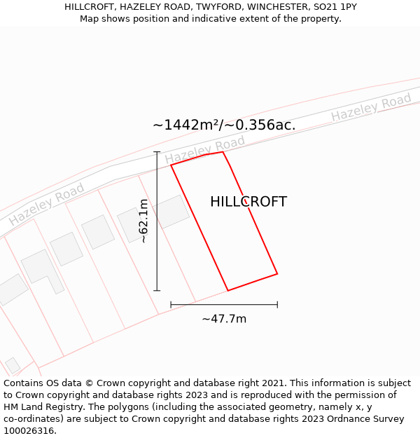 HILLCROFT, HAZELEY ROAD, TWYFORD, WINCHESTER, SO21 1PY: Plot and title map