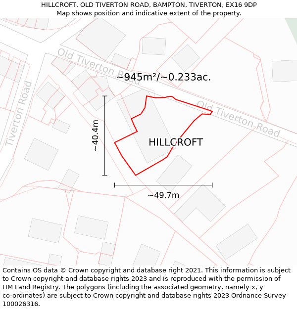 HILLCROFT, OLD TIVERTON ROAD, BAMPTON, TIVERTON, EX16 9DP: Plot and title map