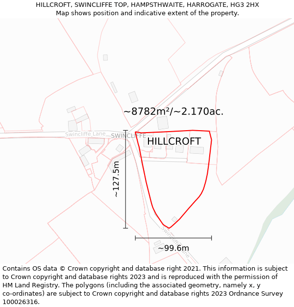 HILLCROFT, SWINCLIFFE TOP, HAMPSTHWAITE, HARROGATE, HG3 2HX: Plot and title map