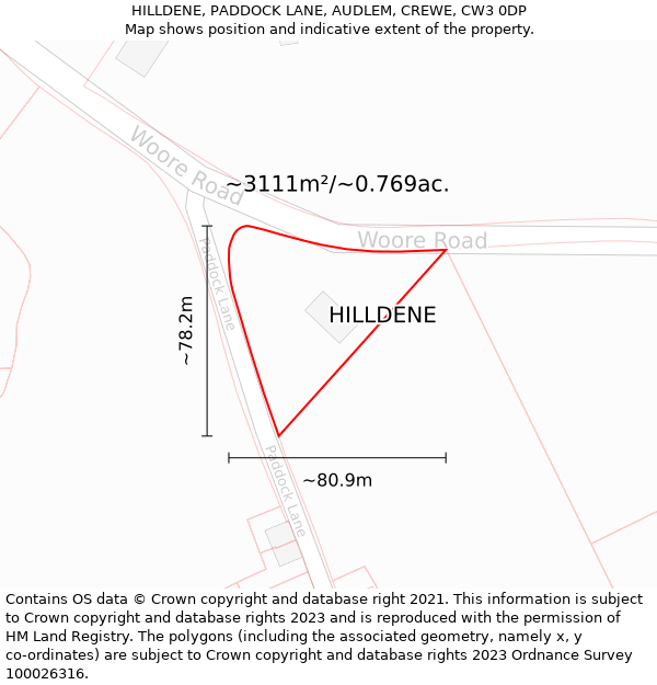 HILLDENE, PADDOCK LANE, AUDLEM, CREWE, CW3 0DP: Plot and title map