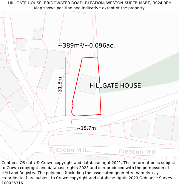 HILLGATE HOUSE, BRIDGWATER ROAD, BLEADON, WESTON-SUPER-MARE, BS24 0BA: Plot and title map