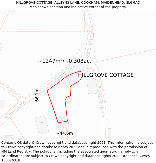 HILLGROVE COTTAGE, ALLEYNS LANE, COOKHAM, MAIDENHEAD, SL6 9AD: Plot and title map