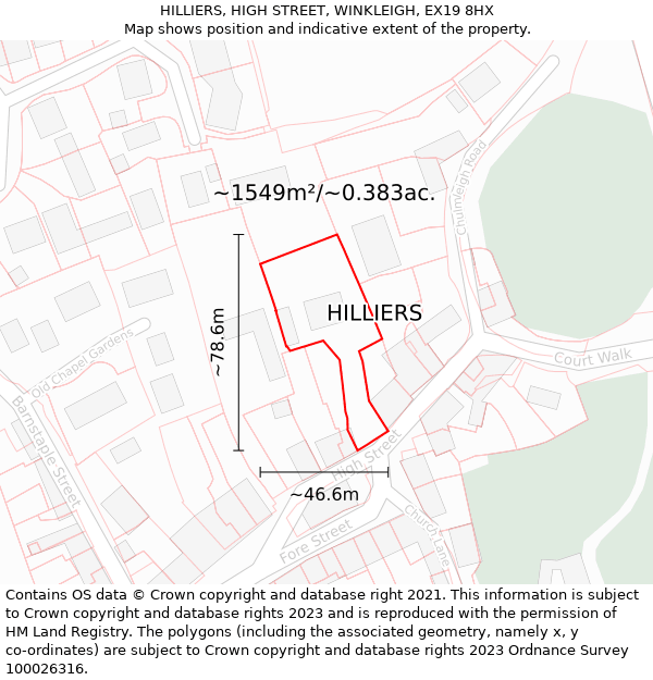 HILLIERS, HIGH STREET, WINKLEIGH, EX19 8HX: Plot and title map