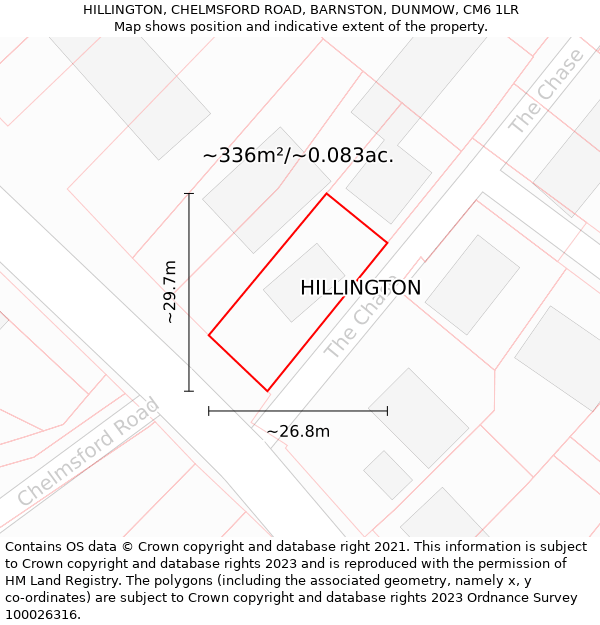 HILLINGTON, CHELMSFORD ROAD, BARNSTON, DUNMOW, CM6 1LR: Plot and title map