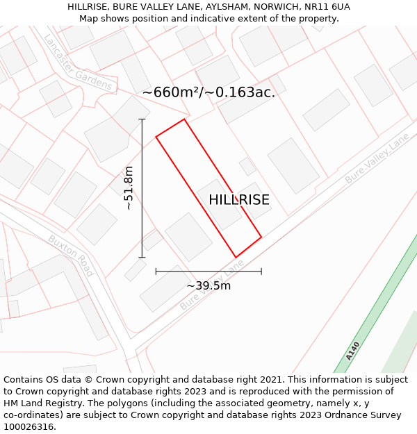 HILLRISE, BURE VALLEY LANE, AYLSHAM, NORWICH, NR11 6UA: Plot and title map