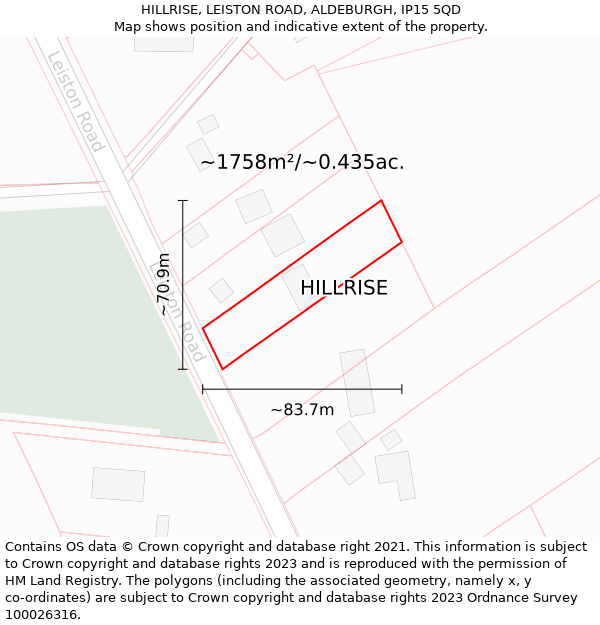 HILLRISE, LEISTON ROAD, ALDEBURGH, IP15 5QD: Plot and title map