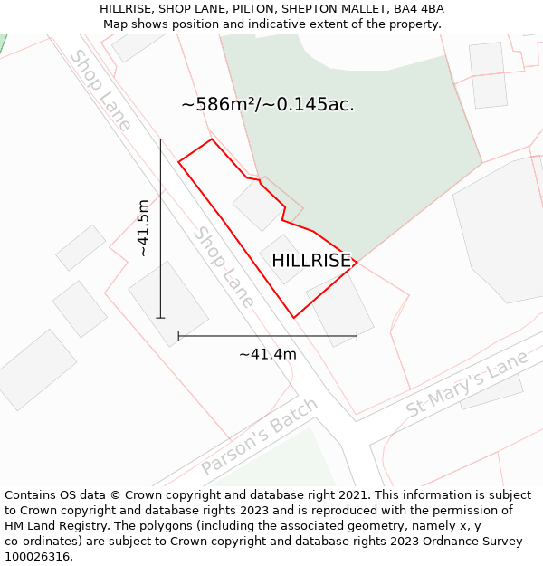 HILLRISE, SHOP LANE, PILTON, SHEPTON MALLET, BA4 4BA: Plot and title map