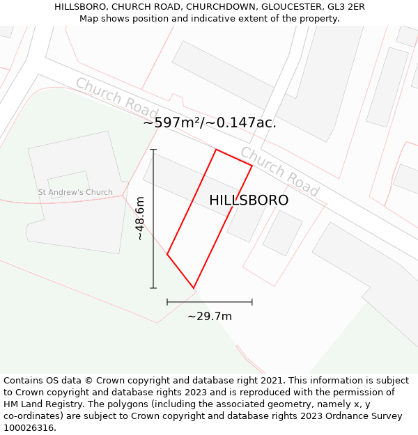 HILLSBORO, CHURCH ROAD, CHURCHDOWN, GLOUCESTER, GL3 2ER: Plot and title map