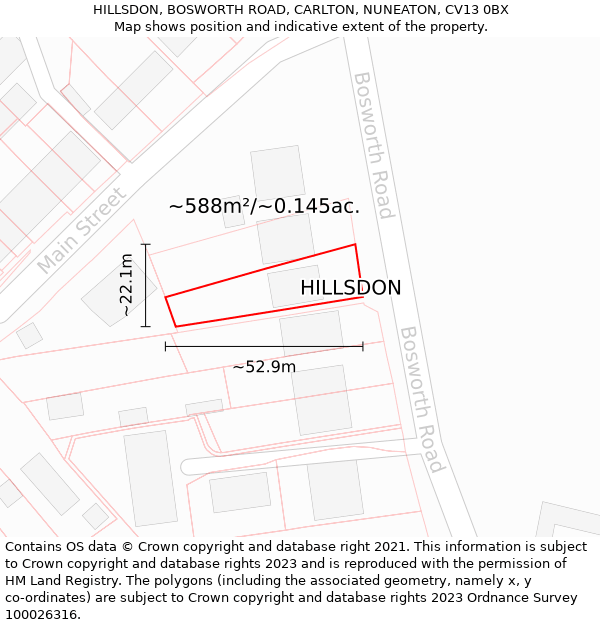 HILLSDON, BOSWORTH ROAD, CARLTON, NUNEATON, CV13 0BX: Plot and title map