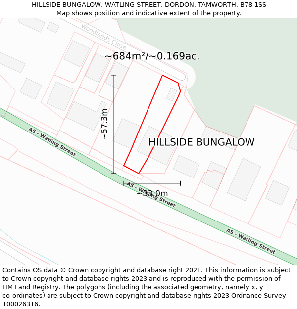 HILLSIDE BUNGALOW, WATLING STREET, DORDON, TAMWORTH, B78 1SS: Plot and title map