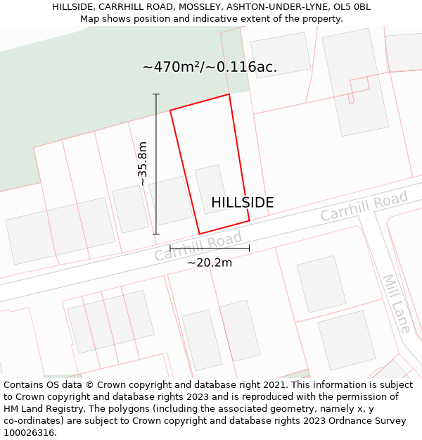 HILLSIDE, CARRHILL ROAD, MOSSLEY, ASHTON-UNDER-LYNE, OL5 0BL: Plot and title map