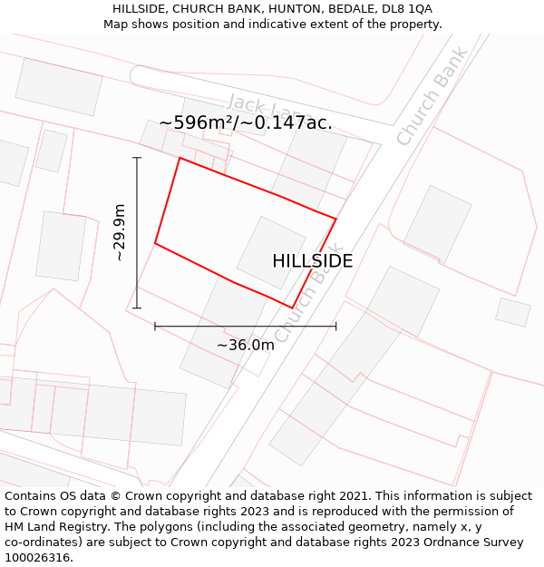 HILLSIDE, CHURCH BANK, HUNTON, BEDALE, DL8 1QA: Plot and title map