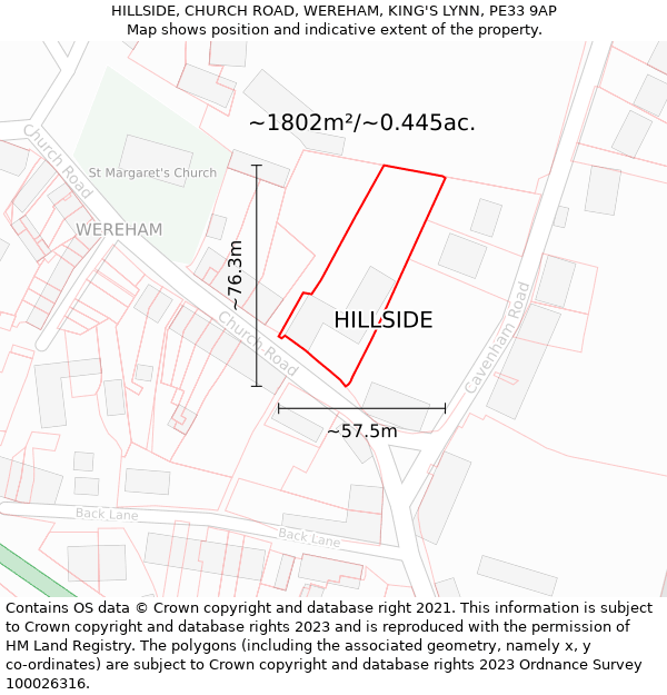 HILLSIDE, CHURCH ROAD, WEREHAM, KING'S LYNN, PE33 9AP: Plot and title map