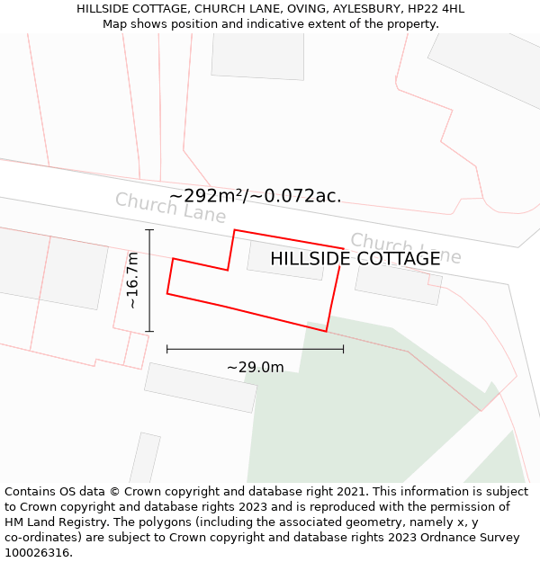 HILLSIDE COTTAGE, CHURCH LANE, OVING, AYLESBURY, HP22 4HL: Plot and title map