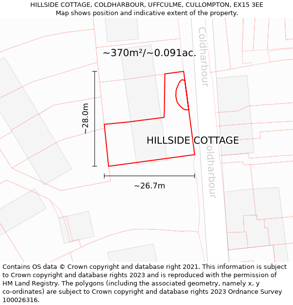 HILLSIDE COTTAGE, COLDHARBOUR, UFFCULME, CULLOMPTON, EX15 3EE: Plot and title map