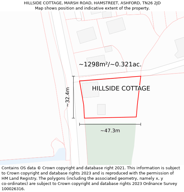 HILLSIDE COTTAGE, MARSH ROAD, HAMSTREET, ASHFORD, TN26 2JD: Plot and title map
