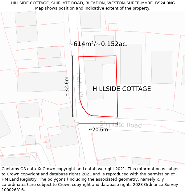 HILLSIDE COTTAGE, SHIPLATE ROAD, BLEADON, WESTON-SUPER-MARE, BS24 0NG: Plot and title map