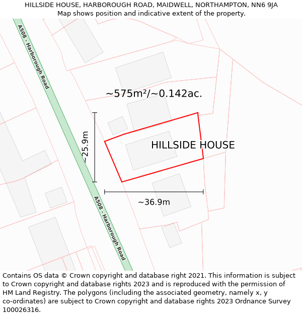 HILLSIDE HOUSE, HARBOROUGH ROAD, MAIDWELL, NORTHAMPTON, NN6 9JA: Plot and title map