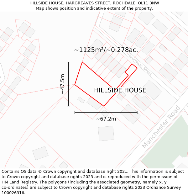 HILLSIDE HOUSE, HARGREAVES STREET, ROCHDALE, OL11 3NW: Plot and title map