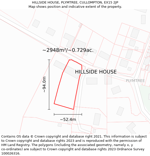 HILLSIDE HOUSE, PLYMTREE, CULLOMPTON, EX15 2JP: Plot and title map