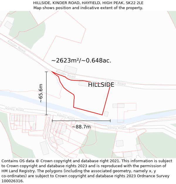 HILLSIDE, KINDER ROAD, HAYFIELD, HIGH PEAK, SK22 2LE: Plot and title map