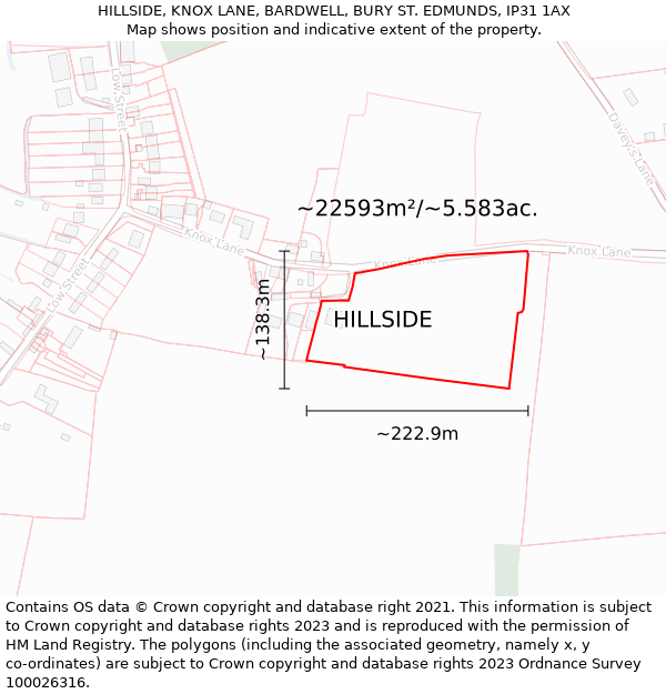 HILLSIDE, KNOX LANE, BARDWELL, BURY ST. EDMUNDS, IP31 1AX: Plot and title map