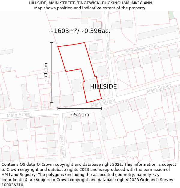 HILLSIDE, MAIN STREET, TINGEWICK, BUCKINGHAM, MK18 4NN: Plot and title map