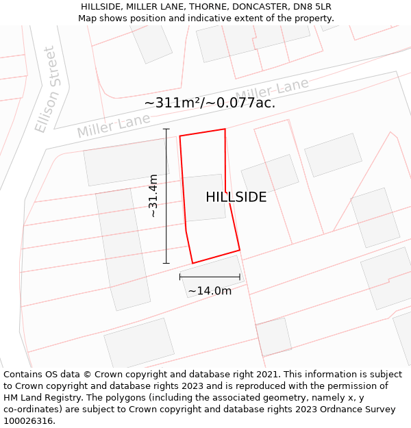 HILLSIDE, MILLER LANE, THORNE, DONCASTER, DN8 5LR: Plot and title map