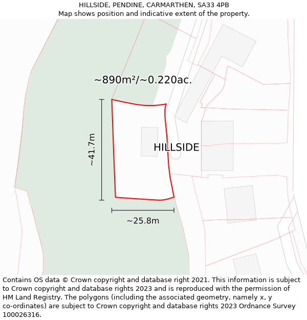 HILLSIDE, PENDINE, CARMARTHEN, SA33 4PB: Plot and title map