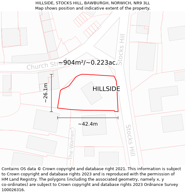 HILLSIDE, STOCKS HILL, BAWBURGH, NORWICH, NR9 3LL: Plot and title map