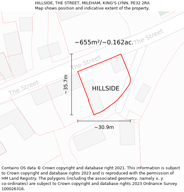 HILLSIDE, THE STREET, MILEHAM, KING'S LYNN, PE32 2RA: Plot and title map