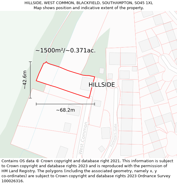 HILLSIDE, WEST COMMON, BLACKFIELD, SOUTHAMPTON, SO45 1XL: Plot and title map