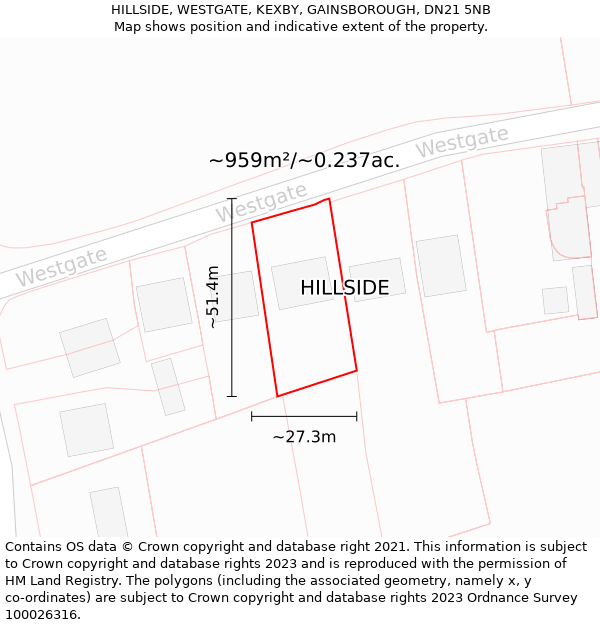 HILLSIDE, WESTGATE, KEXBY, GAINSBOROUGH, DN21 5NB: Plot and title map