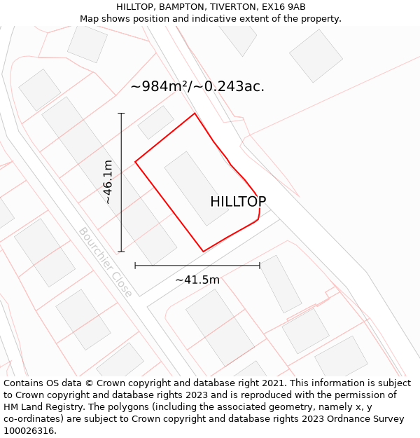 HILLTOP, BAMPTON, TIVERTON, EX16 9AB: Plot and title map