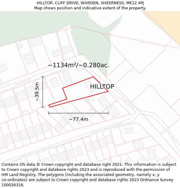 HILLTOP, CLIFF DRIVE, WARDEN, SHEERNESS, ME12 4PJ: Plot and title map